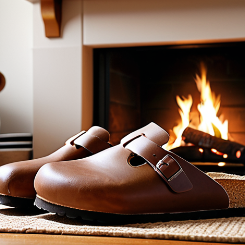 **Image:** A cozy, warm scene. A pair of Birkenstock Boston clogs are placed near a fireplace in a comfortable home setting. Focus on the feeling of warmth, relaxation, and the Boston clogs as a symbol of comfort and home.