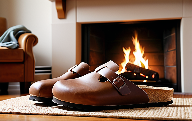 **Image:** A cozy, warm scene. A pair of Birkenstock Boston clogs are placed near a fireplace in a comfortable home setting. Focus on the feeling of warmth, relaxation, and the Boston clogs as a symbol of comfort and home.