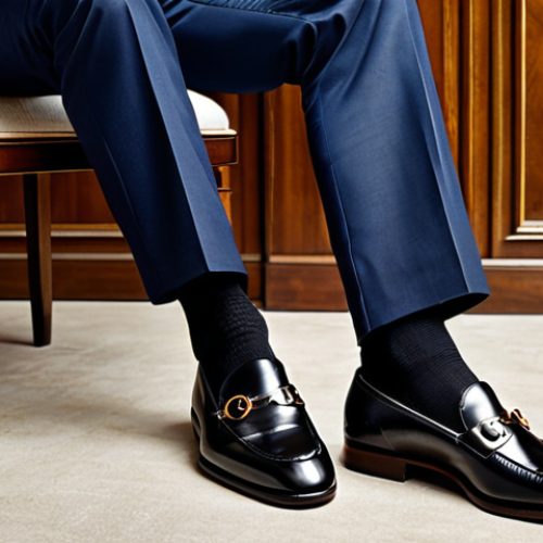 The Iconic Gucci Horsebit Loafer**

A confident male professional, elegantly dressed in a dark business suit with a crisp white shirt, fully clothed, professional dress, modest clothing, appropriate attire. He is seated at a polished wooden desk in a modern executive office, with a sophisticated and refined atmosphere. His classic, gleaming black Gucci Horsebit loafers, highlighting their iconic metal detail, are subtly visible, conveying a sense of timeless luxury and authority. Perfect anatomy, correct proportions, natural pose, well-formed hands, proper finger count, natural body proportions, professional photography, high quality, safe for work, appropriate content, family-friendly.

**