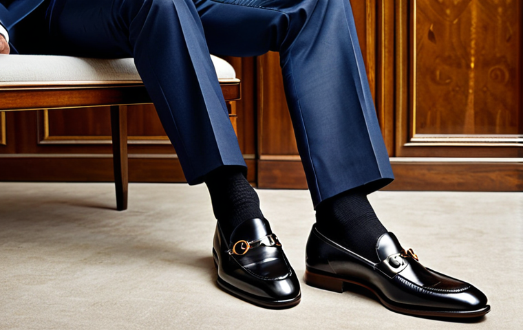 The Iconic Gucci Horsebit Loafer**

A confident male professional, elegantly dressed in a dark business suit with a crisp white shirt, fully clothed, professional dress, modest clothing, appropriate attire. He is seated at a polished wooden desk in a modern executive office, with a sophisticated and refined atmosphere. His classic, gleaming black Gucci Horsebit loafers, highlighting their iconic metal detail, are subtly visible, conveying a sense of timeless luxury and authority. Perfect anatomy, correct proportions, natural pose, well-formed hands, proper finger count, natural body proportions, professional photography, high quality, safe for work, appropriate content, family-friendly.

**